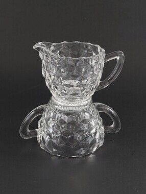 Vintage 1930s Jeannette Glass Clear Cube Cubist Creamer and Open Sugar Bowl Set